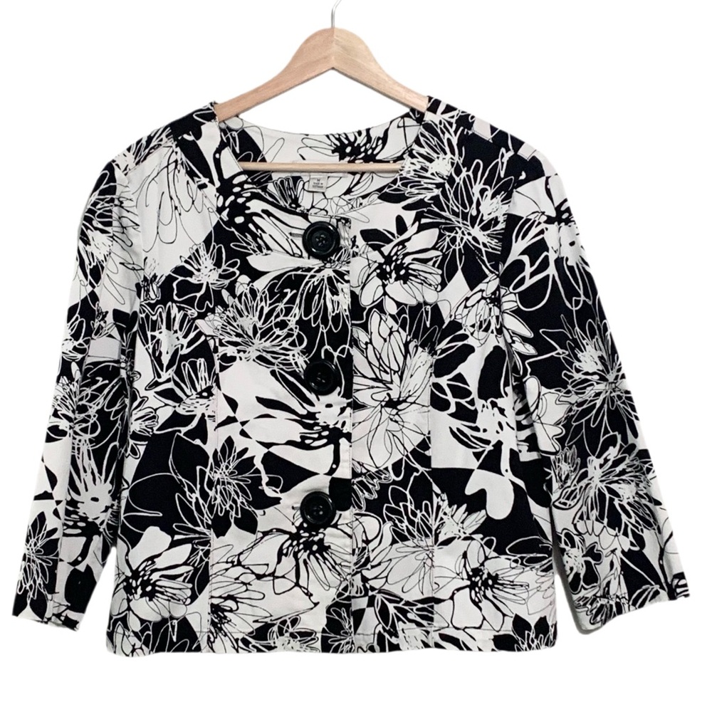 Coldwater Creek Black & White Floral Button Front Jacket Medium Layering